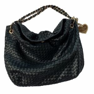 BEBE Leather Woven Purse Black with Gold Accents